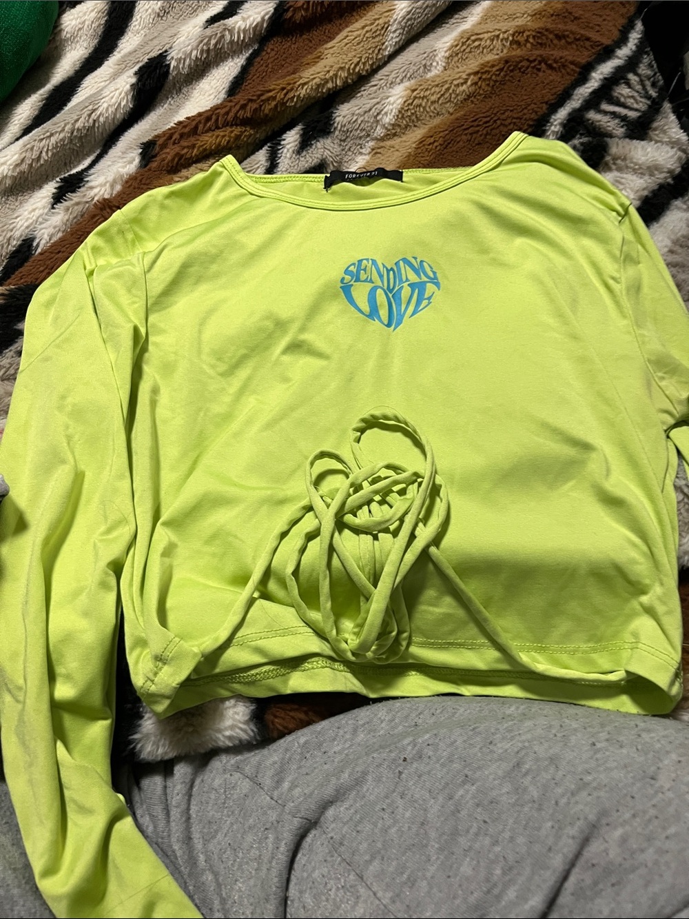 Forever 21 Neon Lime Long Sleeve Crop Top with Blue Heart Graphic
